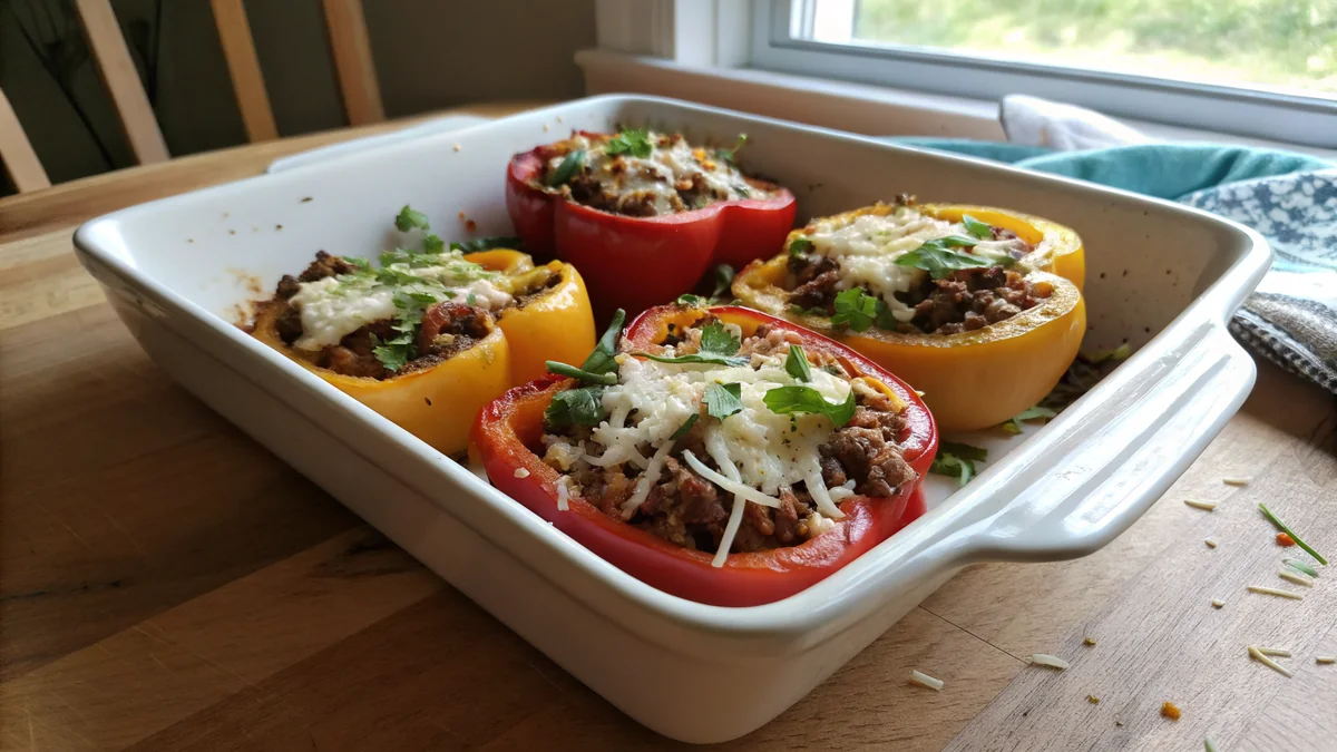 Stuffed Bell Peppers Without Rice recipe by Chef Mia, photographed in a natural light Texas kitchen