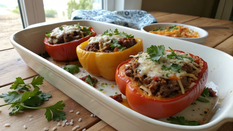Close-up of a stuffed bell pepper half cut open showing the cauliflower rice and ground beef Tex-Mex filling, melted cheese on top, no grain of rice visible