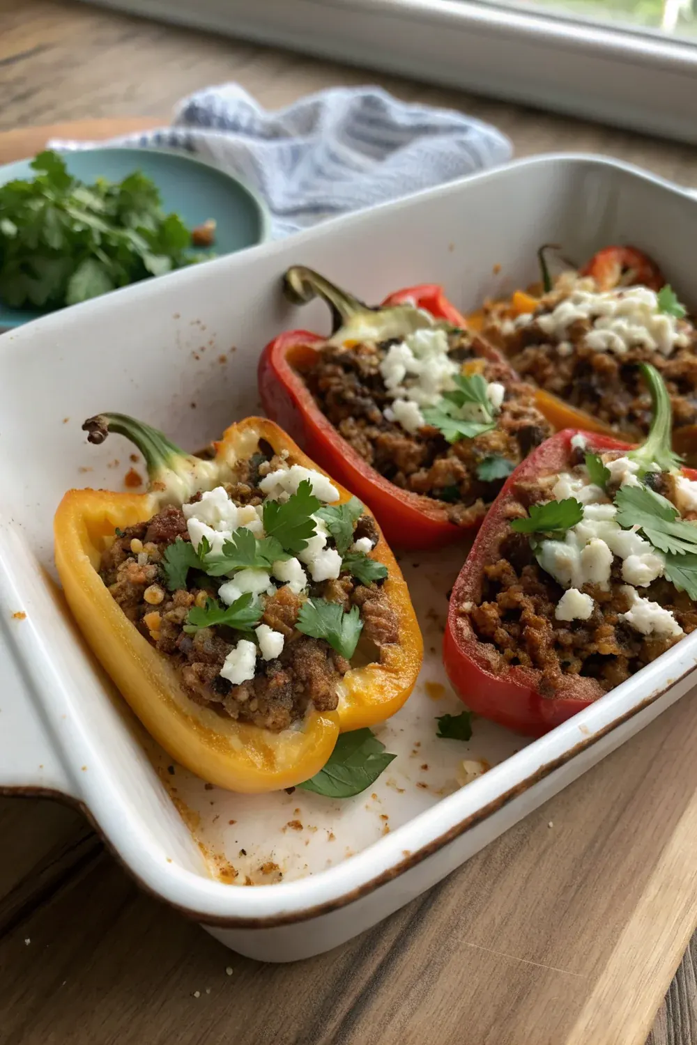Vertical view of a fork lifting a bite of keto stuffed bell pepper, melted cheese stretching, cauliflower rice and ground beef visible, white plate, fresh cilantro garnish