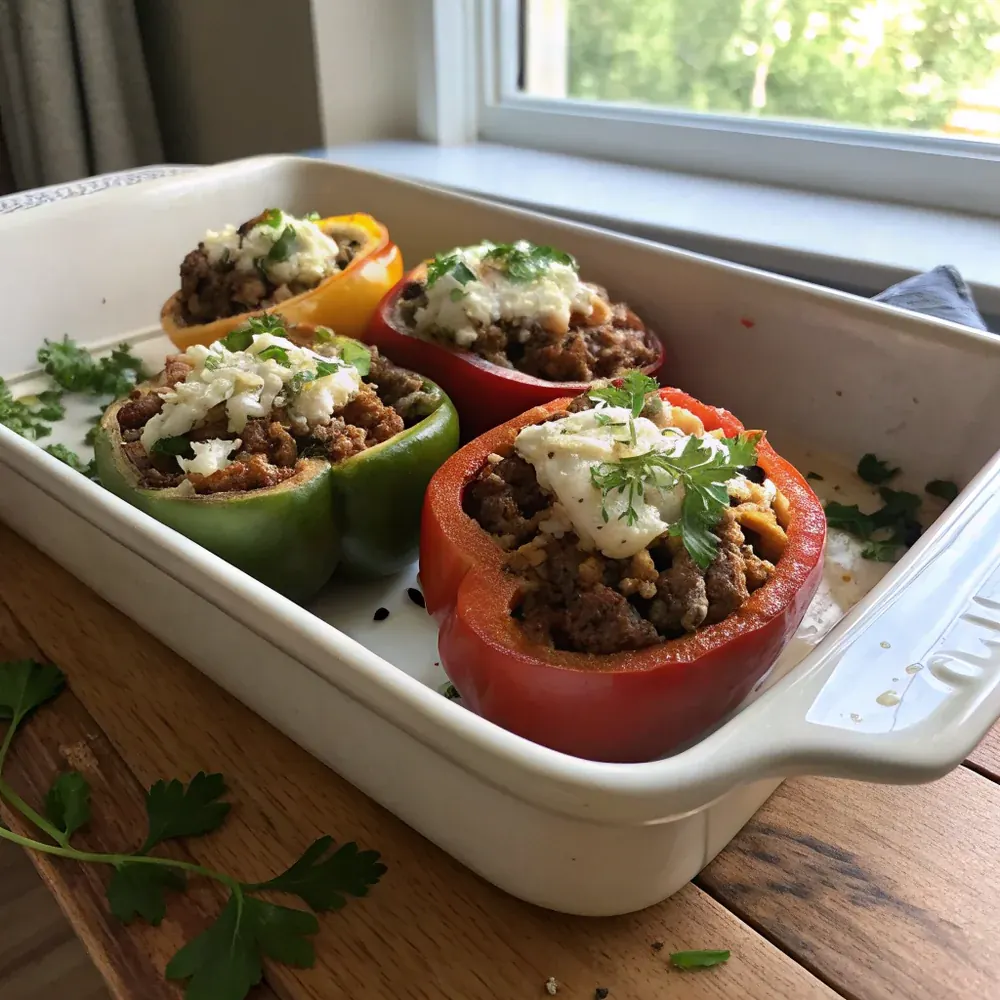 Overhead view of a white ceramic baking dish with six halved bell peppers stuffed with Tex-Mex filling and melted cheese, lime wedges and avocado slices on the side
