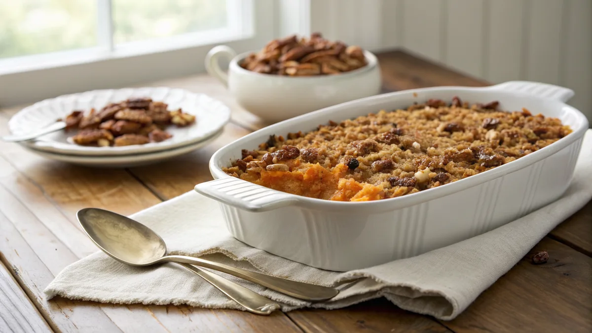 Baked sweet potato casserole in a white ceramic dish with a golden brown pecan streusel topping, a serving spoon resting beside it on a wooden table