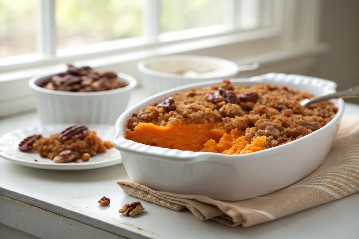 Close-up of sweet potato casserole showing a crisp pecan streusel crust broken open to reveal the deep orange mashed sweet potato underneath