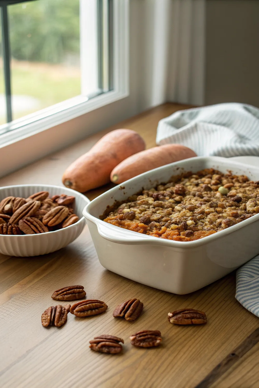 Vertical composition of a sweet potato casserole in a ceramic baking dish with a golden pecan streusel top, whole sweet potatoes and pecan halves arranged on the wooden table beside it in warm autumn light