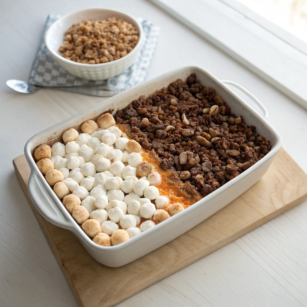 Baked sweet potato casserole in a white ceramic dish with a golden brown pecan streusel topping and a serving spoon beside it