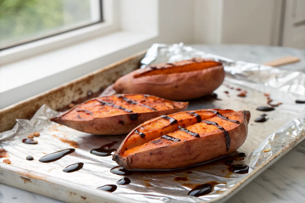 Whole roasted sweet potatoes on a foil lined sheet pan with split skins and dark caramelized syrup pooled at the ends