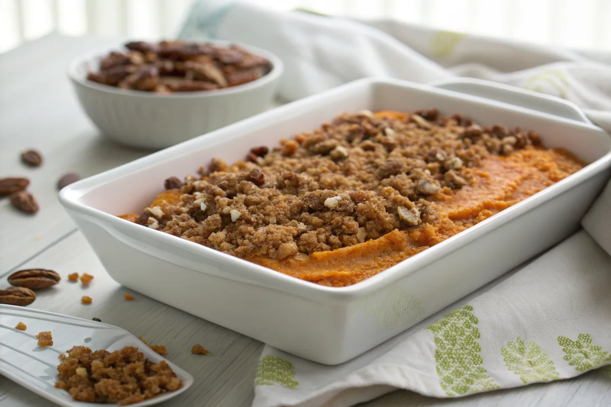 Brown sugar pecan streusel crumbs scattered in an even layer over smooth orange sweet potato mash in a white rectangular baking dish before baking