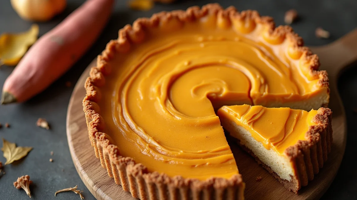Sweet Potato Cheesecake Pie recipe by Chef Mia, photographed in a natural light Texas kitchen