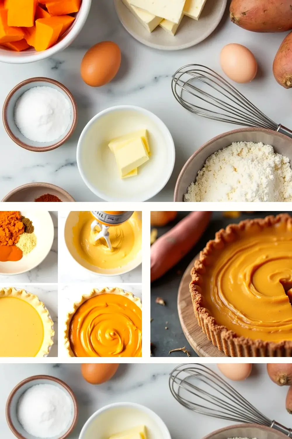 Sweet Potato Cheesecake Pie styled vertically for saving and sharing