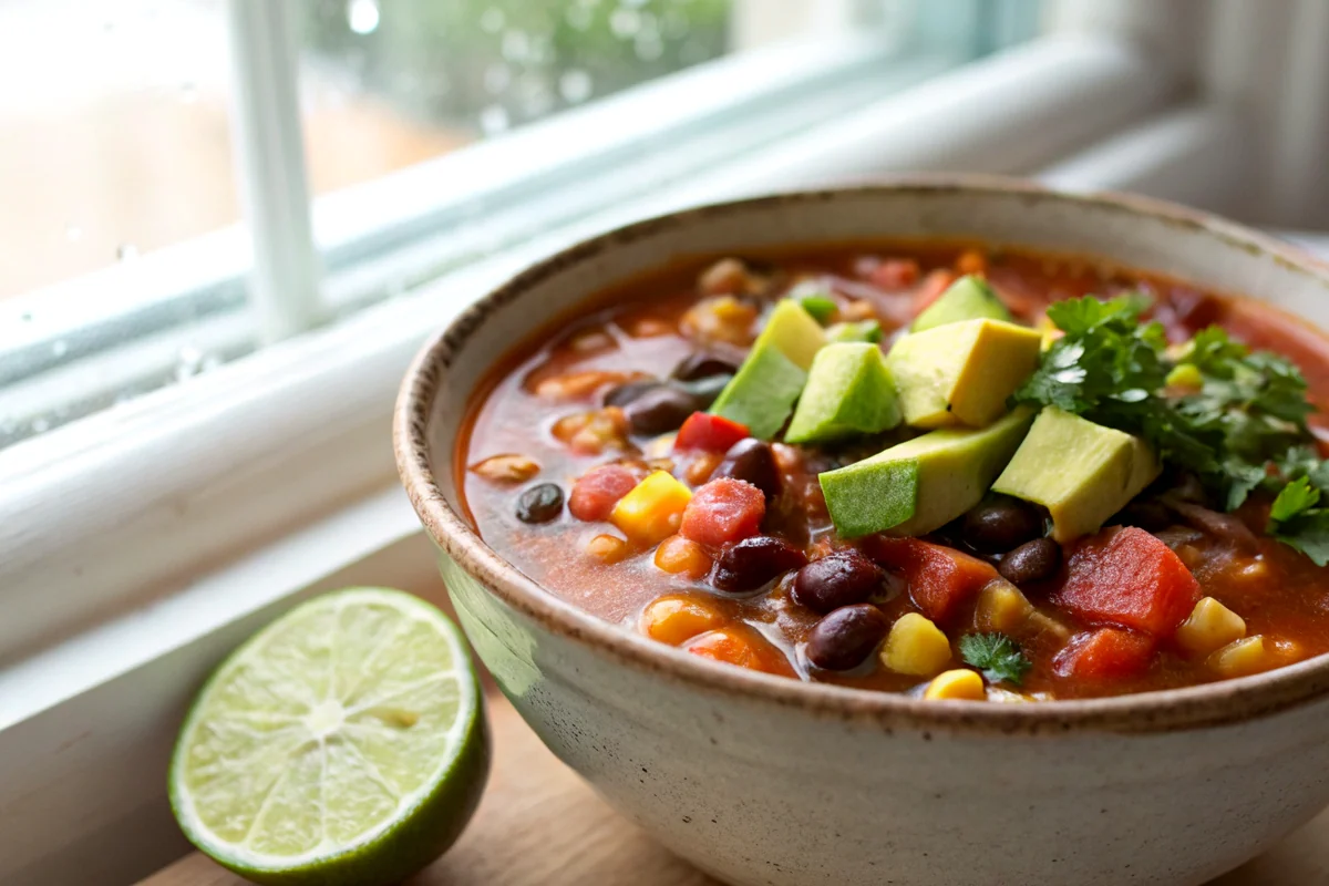 Close-up of taco soup frios showing texture, color, and serving detail