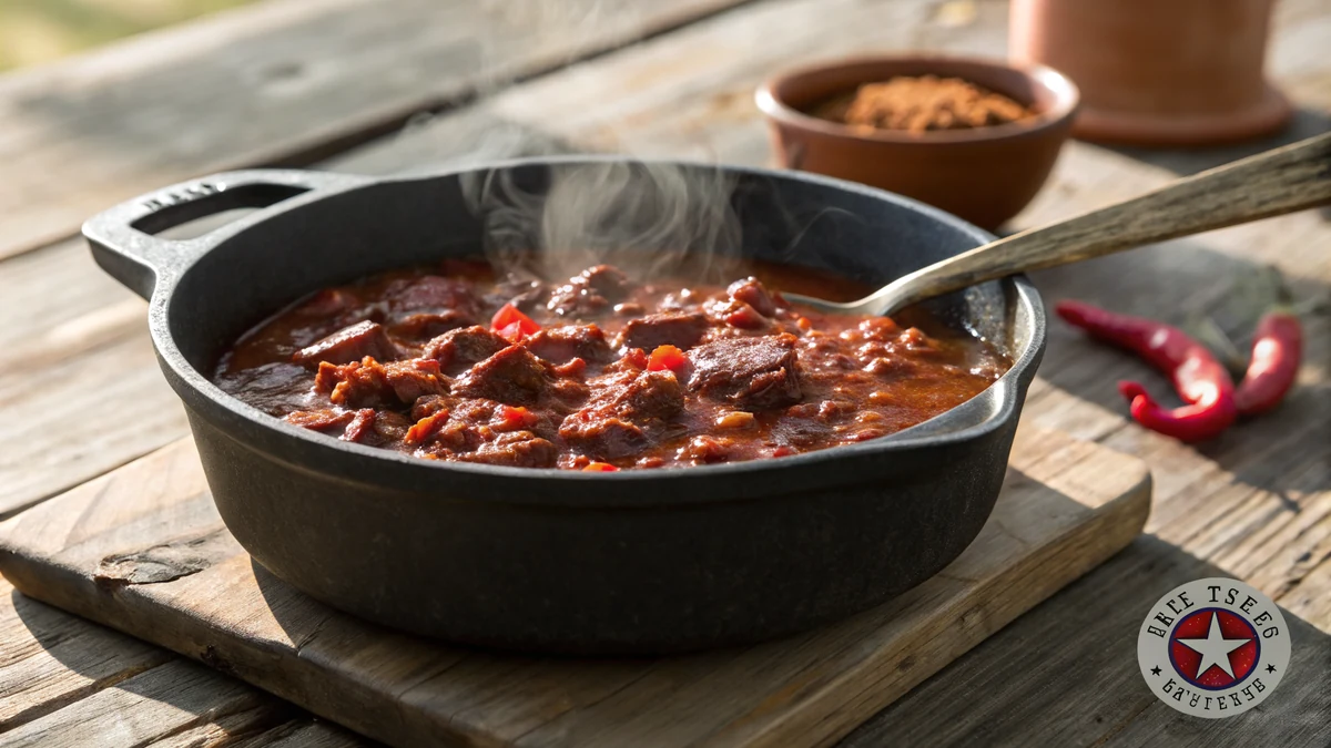Terlingua Texas chili in a cast iron pot, deep mahogany red with visible cubed beef chuck, no beans, steam rising over a West Texas table