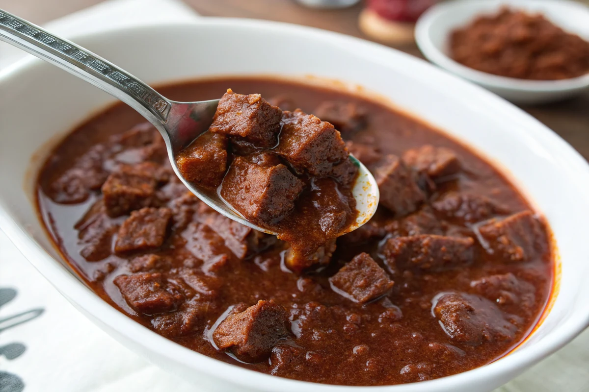 Close-up of competition-style Terlingua chili showing small cubed chuck pieces in a smooth dark red gravy thickened with masa harina