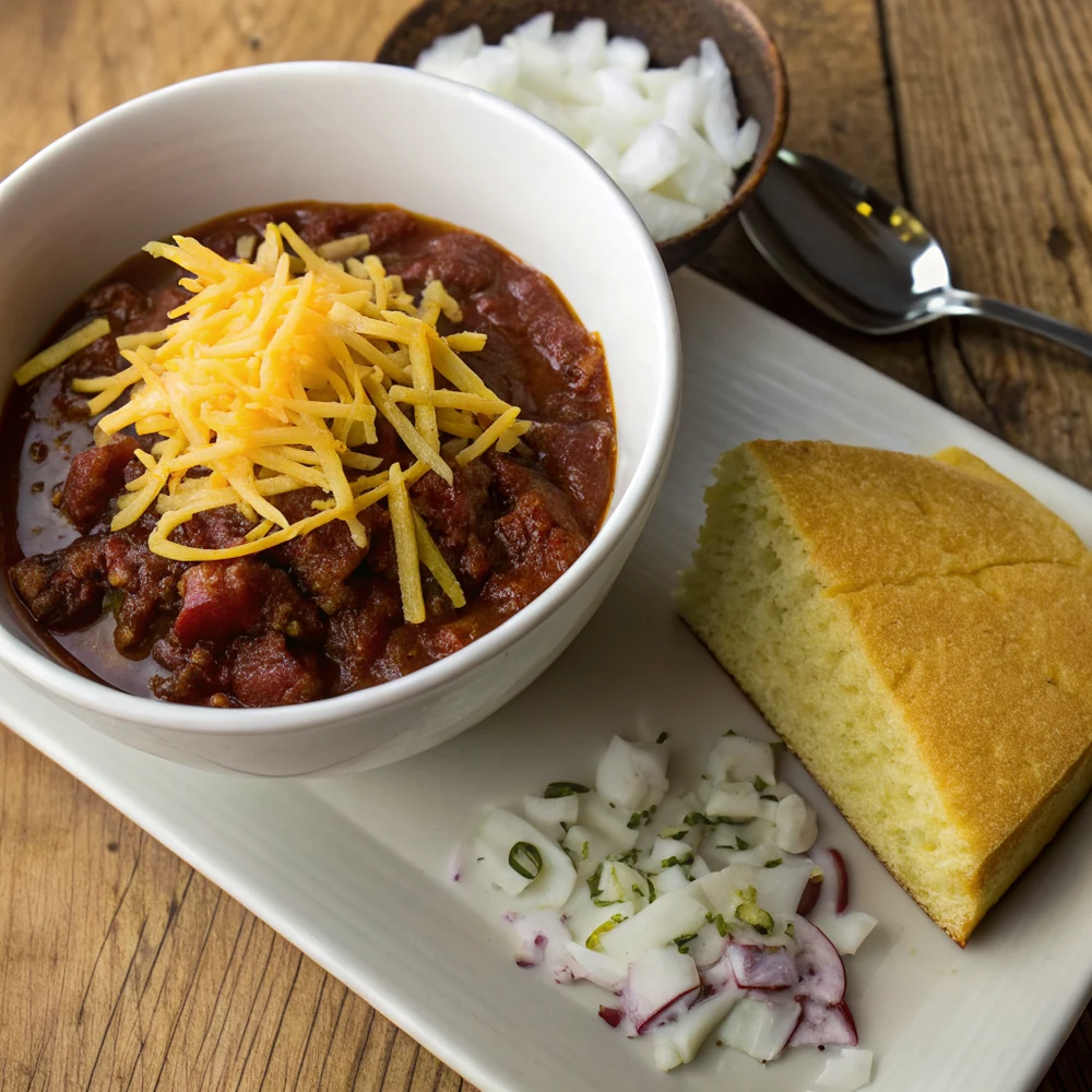Overhead bowl of Terlingua chili with a single judging-style turn-in cup beside it, no garnish, pure red competition chili