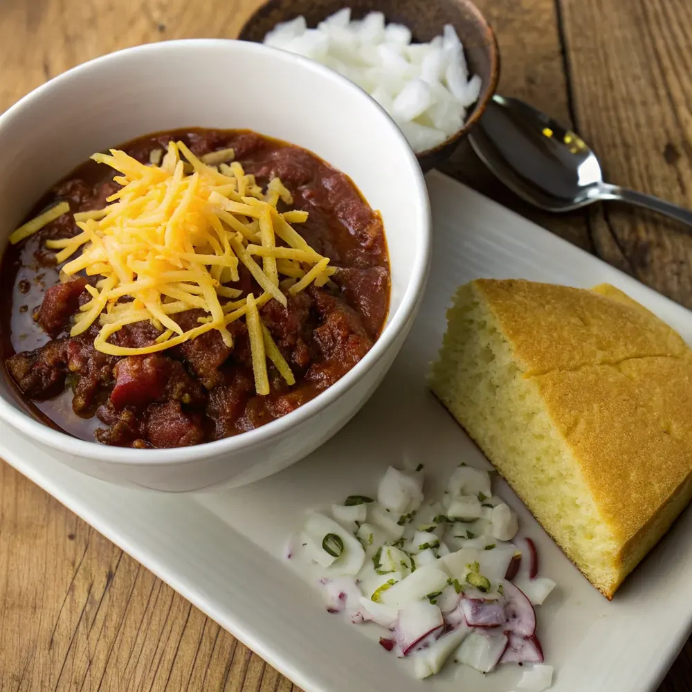 Overhead bowl of Terlingua chili with a single judging-style turn-in cup beside it, no garnish, pure red competition chili