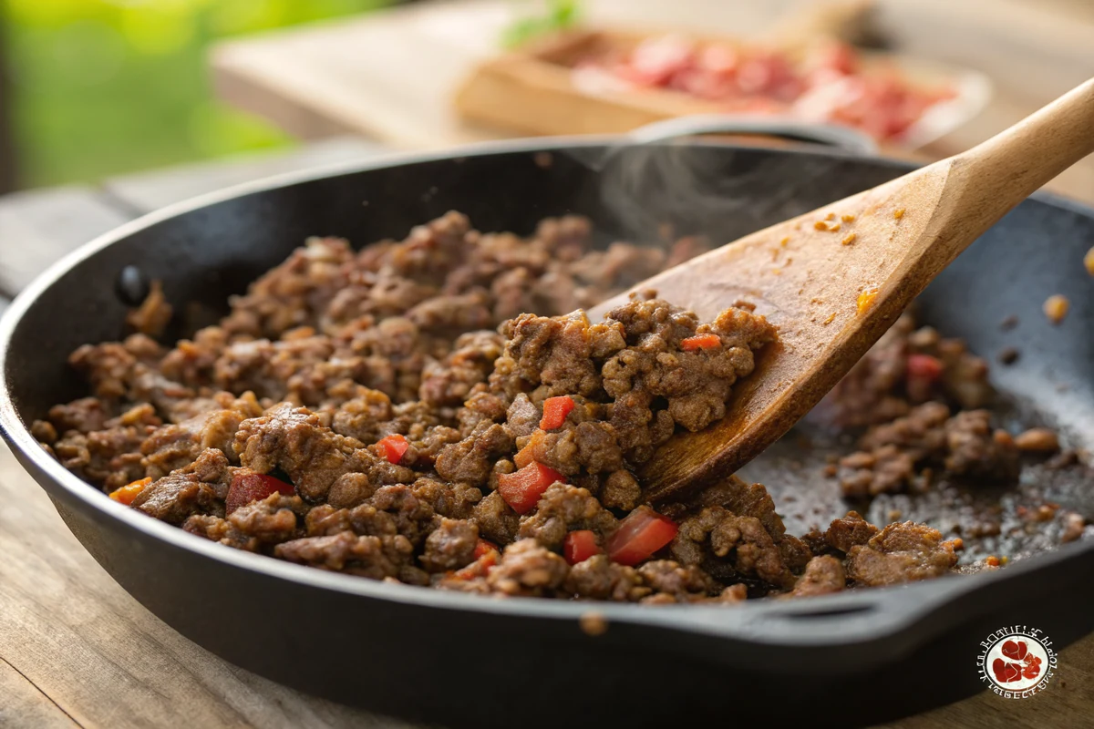 Close-up of seasoned ground beef browning in a cast-iron skillet with Tex-Mex spices, breaking apart with a wooden spoon