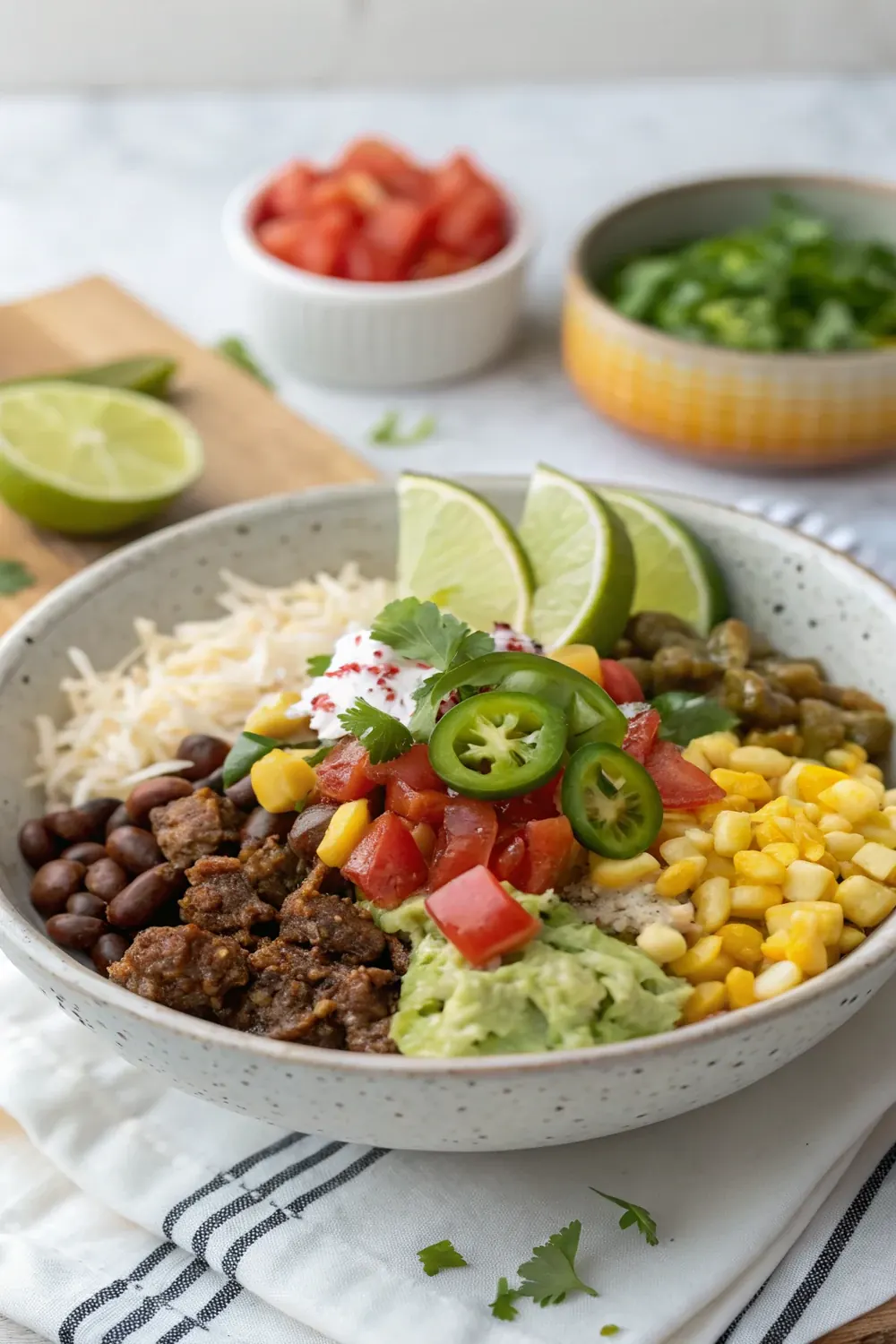 Vertical pin of a fully loaded Tex-Mex burrito bowl with rice, beef, beans, corn, pico, cheese, guacamole, and pickled jalapenos, topped with a lime wedge