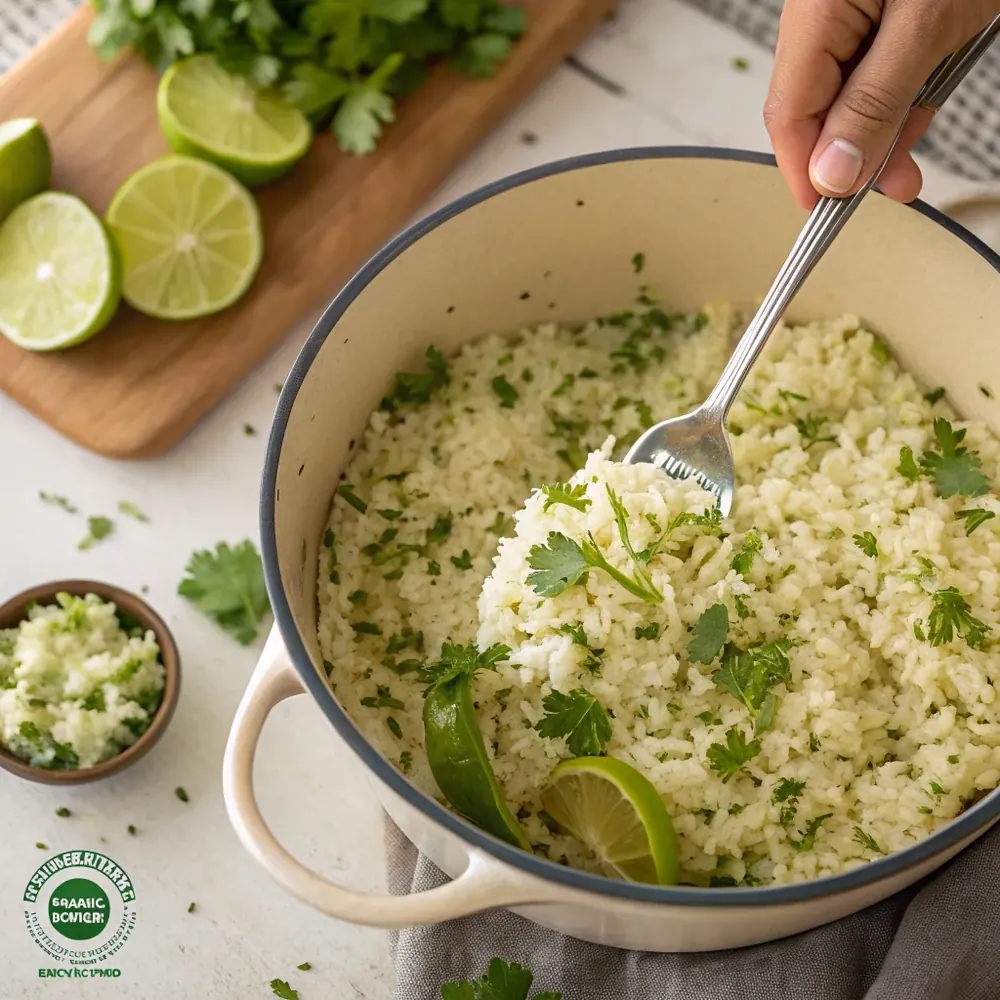 Overhead shot of cilantro-lime rice being fluffed with a fork in a pot, flecked with chopped cilantro and lime zest