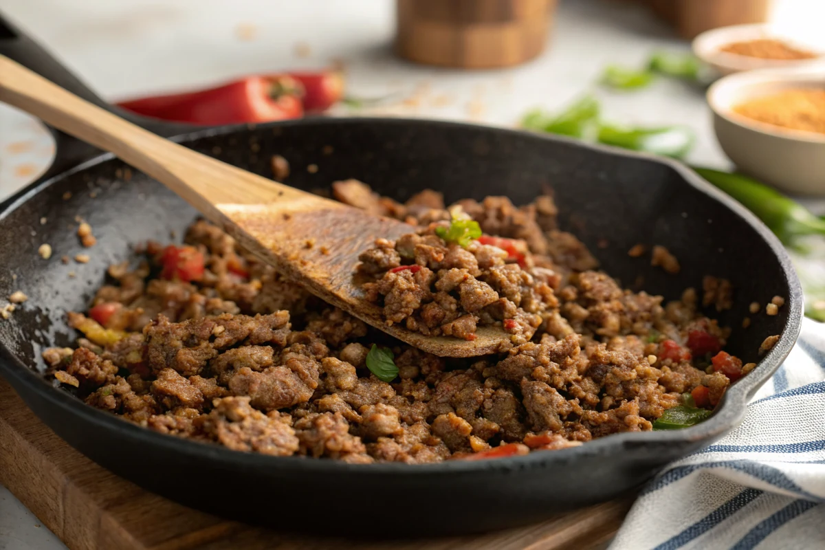 Seasoned ground beef browning in a cast-iron skillet with Tex-Mex spices, being broken apart with a wooden spoon