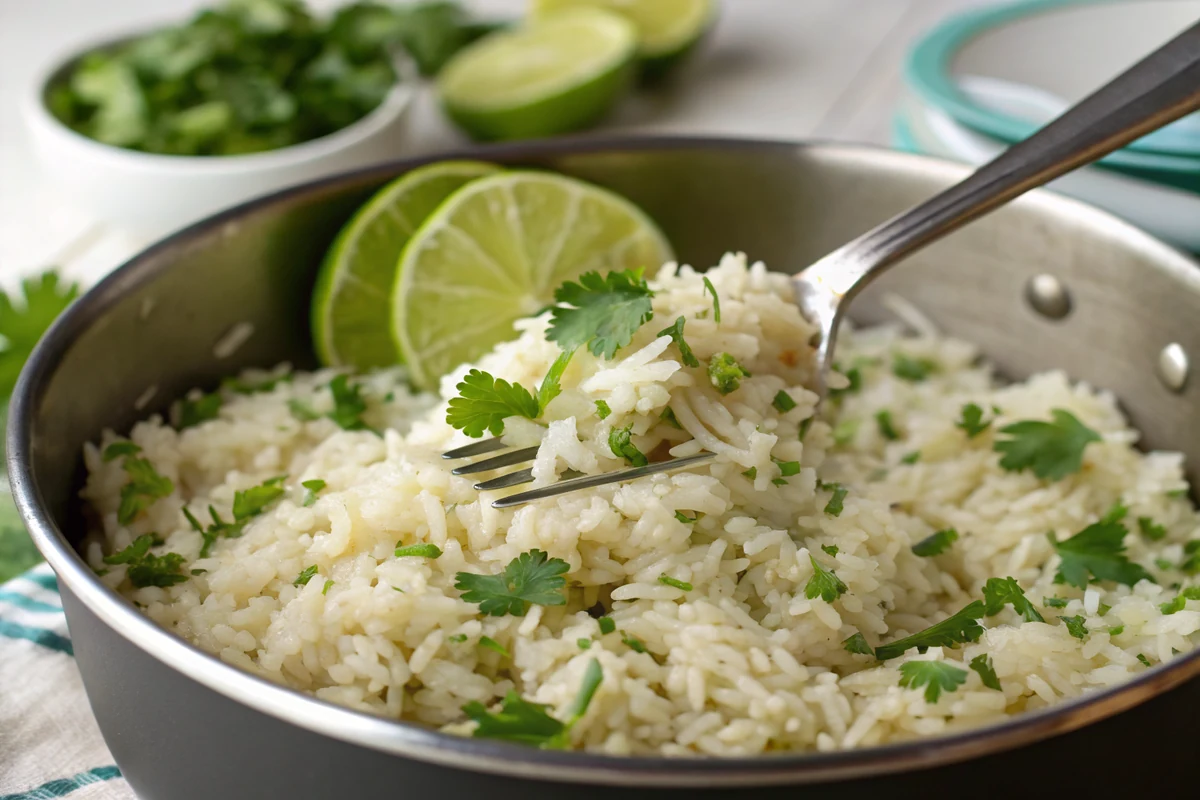 Cilantro-lime rice being fluffed with a fork in a pot, flecked with chopped fresh cilantro and lime zest