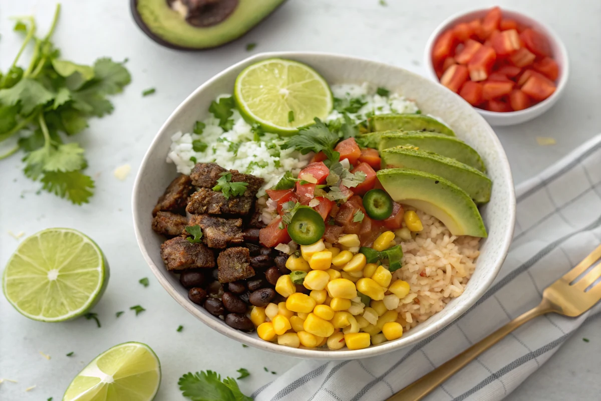 A fully assembled Tex-Mex bowl shown overhead with cilantro-lime rice, seasoned beef, black beans, charred corn, pico de gallo, cheese, and avocado, with a lime wedge on top