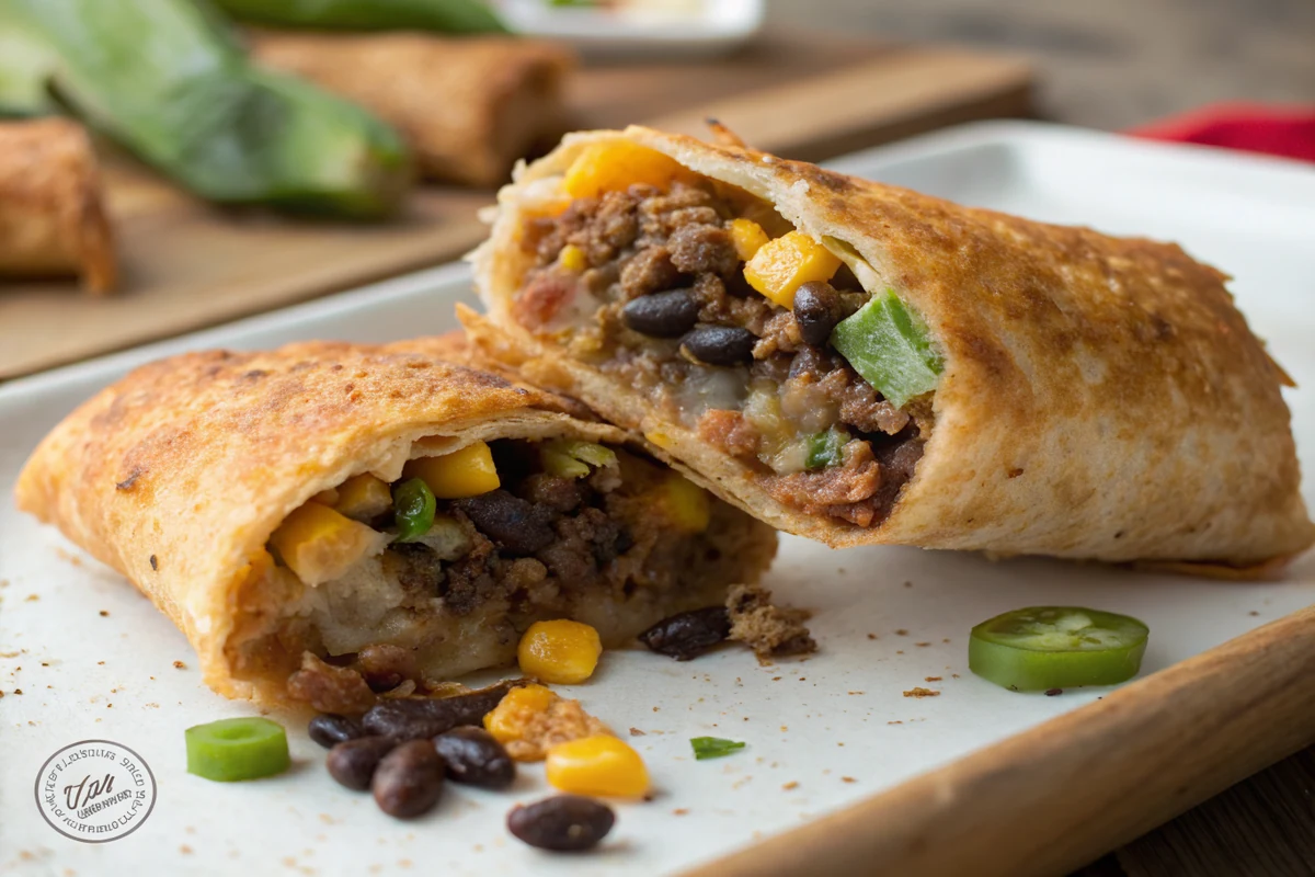 Close-up of a Tex-Mex egg roll snapped in half revealing the seasoned beef, black beans, corn, green chiles, and melted cheese filling inside a crisp shell
