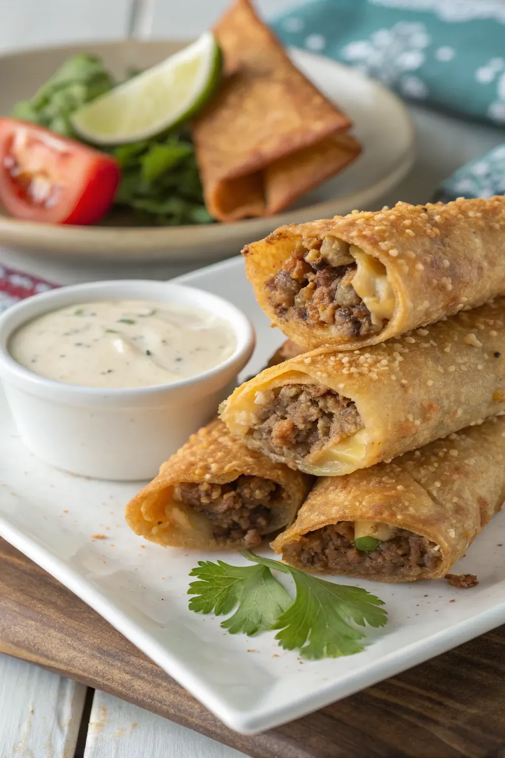 Crispy Tex-Mex egg rolls with seasoned beef and cheese filling and a creamy dip, stacked vertically, save this easy Tex-Mex egg rolls party appetizer recipe