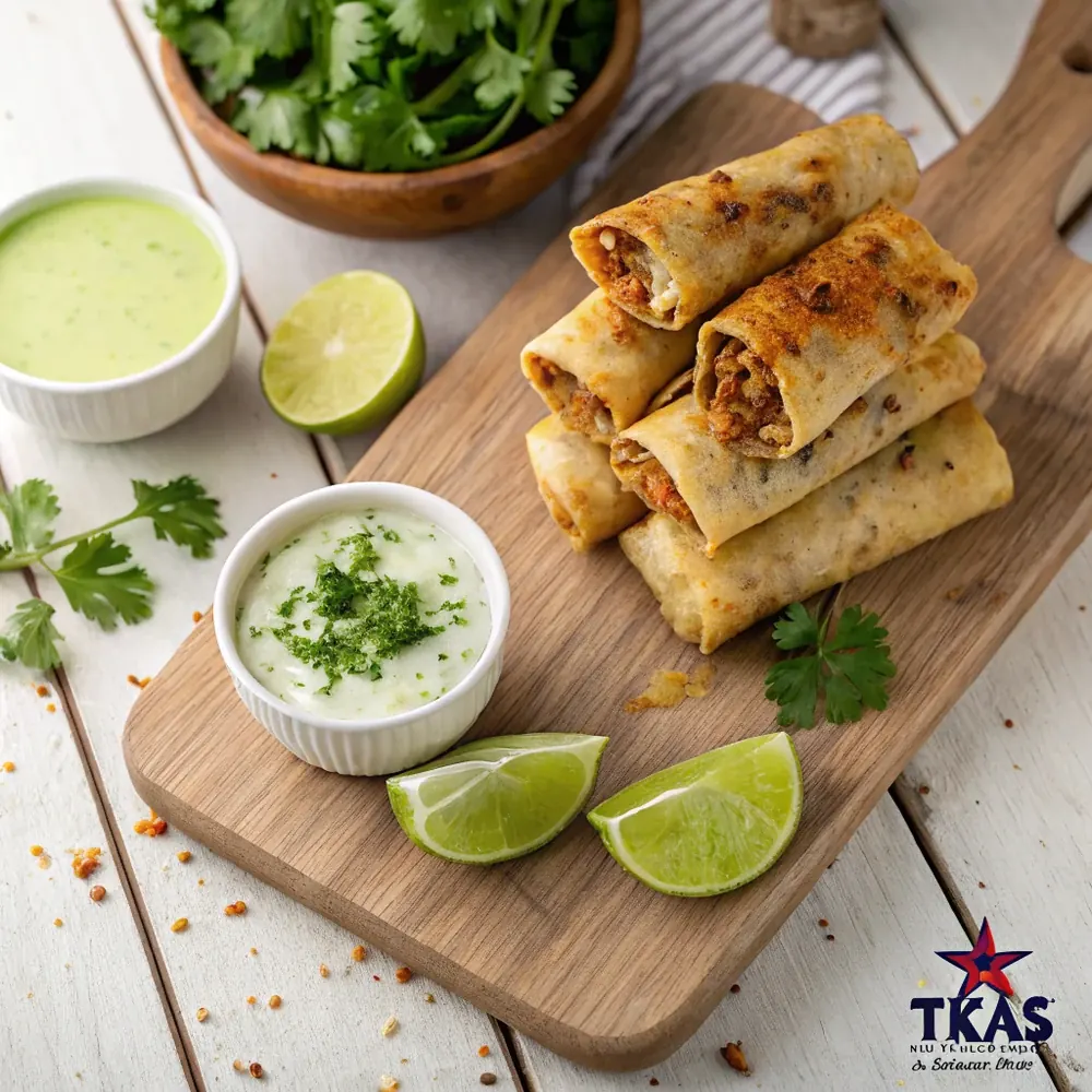 Overhead of Tex-Mex egg rolls stacked on a board with lime wedges, cilantro, and a ramekin of creamy cilantro-lime dipping sauce on a Texas table
