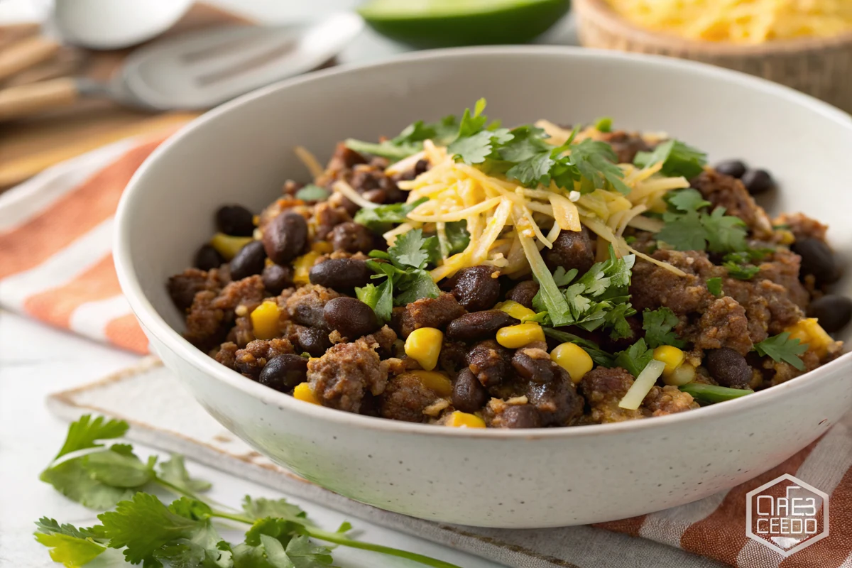 Seasoned ground beef, black beans, corn, green chiles, shredded cheese, and cilantro mixed together in a bowl as Tex-Mex egg roll filling