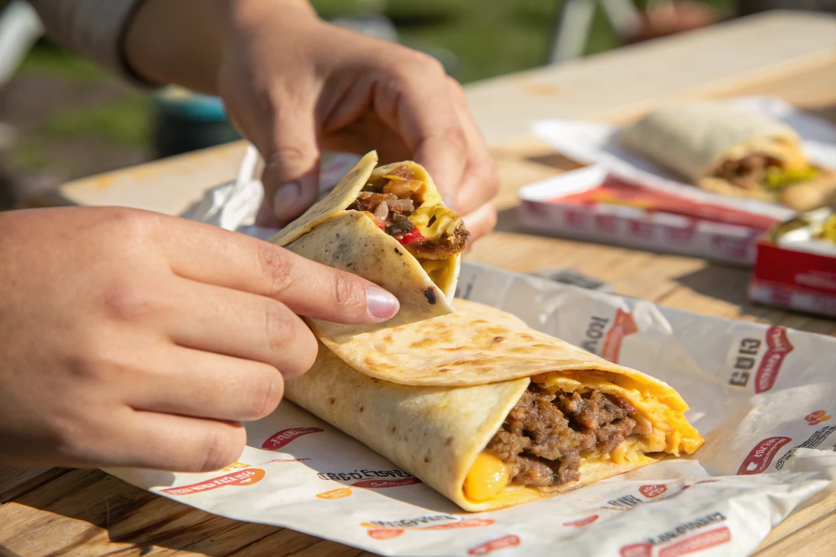 Hands rolling a Tex-Mex egg roll, folding the wrapper envelope-style over the beef and cheese filling and sealing the edge with paste