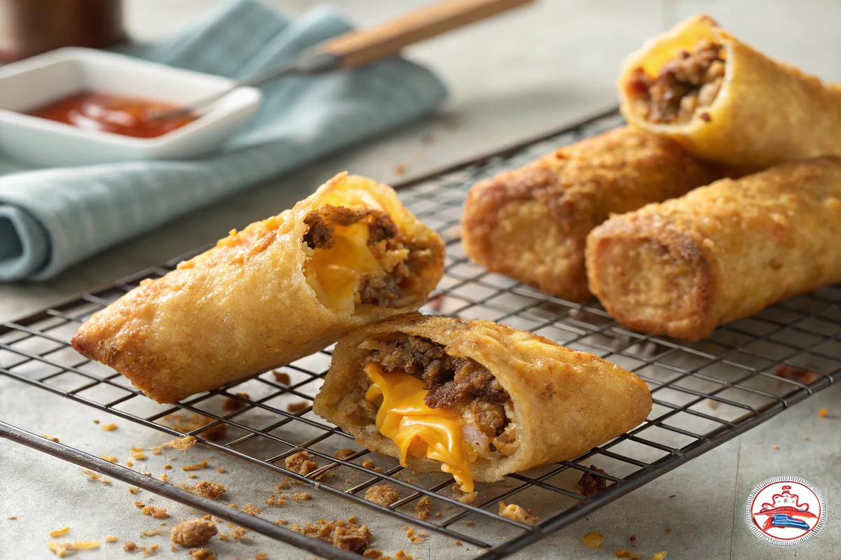 Golden fried Tex-Mex egg rolls draining on a wire rack, one cut open to show the melty cheese and beef filling steaming inside