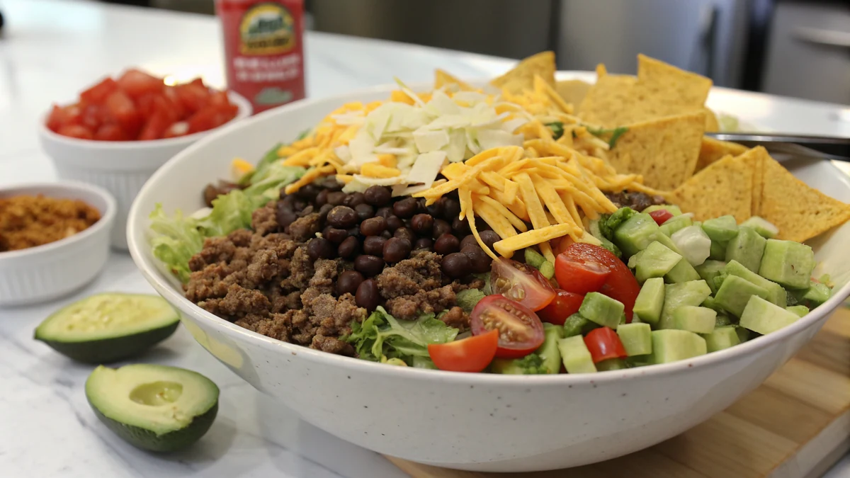 A large Tex-Mex salad in a wide bowl with seasoned ground beef, black beans, corn, cherry tomatoes, sharp cheddar, sliced avocado, and golden tortilla strips over chopped romaine