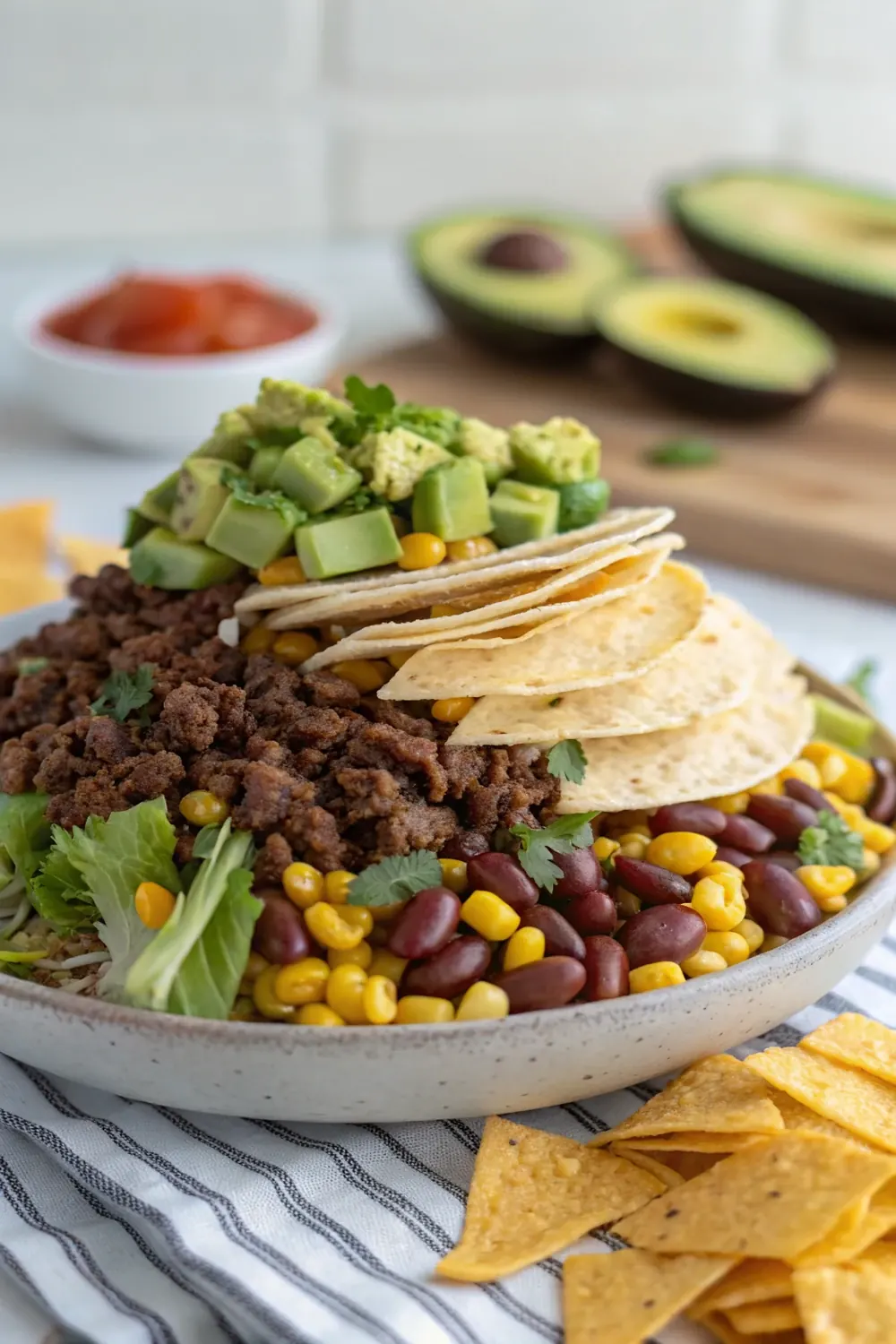 Tex-Mex salad with seasoned beef, beans, corn, avocado, and tortilla strips stacked vertically, save this 7-layer Tex-Mex salad recipe for an easy weeknight dinner
