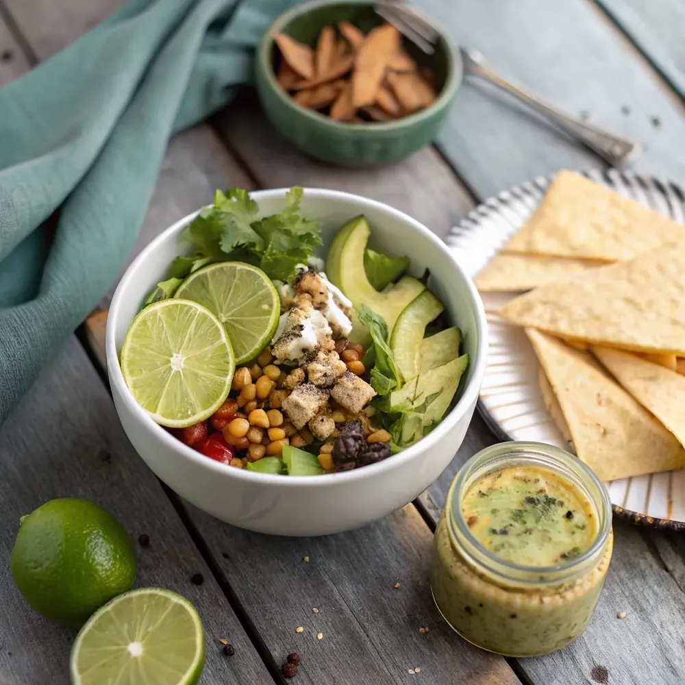 Overhead of a Tex-Mex salad bowl with lime wedges, a small jar of cumin-lime dressing, and a bowl of tortilla strips on a Texas pine table
