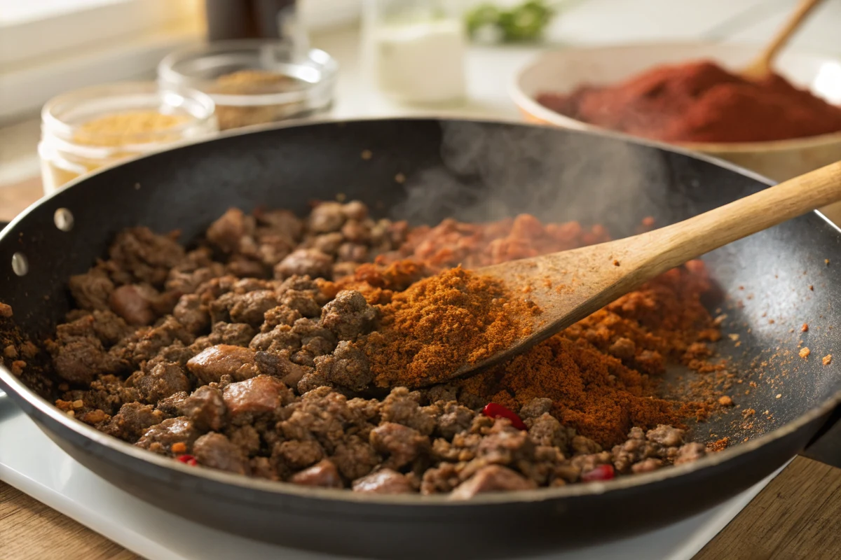 Ground beef browning in a skillet being stirred together with chili powder, cumin, and smoked paprika until coated and fragrant