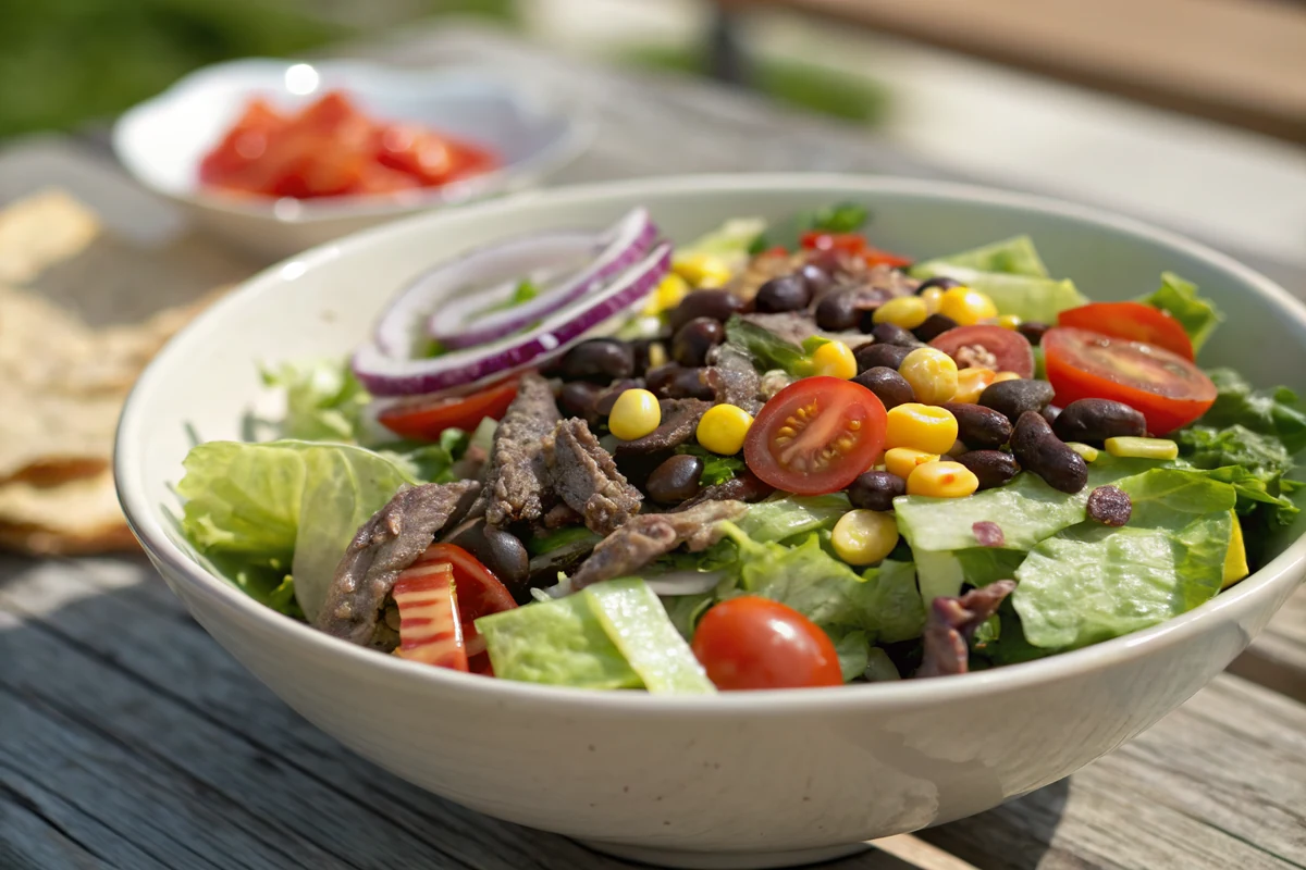 A wide shallow bowl layered with chopped romaine, black beans, corn, halved cherry tomatoes, and red onion before the beef is added