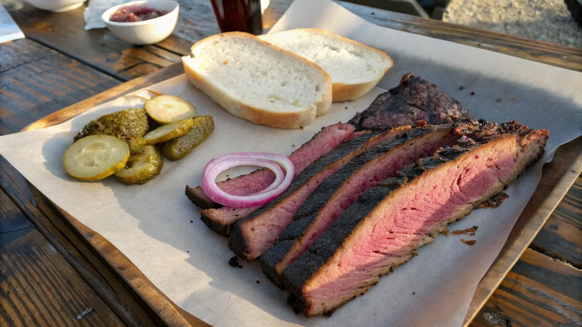 Sliced Central Texas brisket with deep mahogany bark and pink smoke ring on butcher paper, served with pickles, white bread, and raw onion