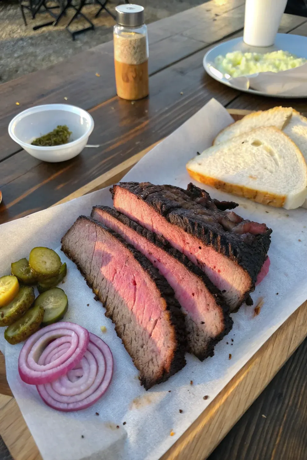 Vertical view of a Central Texas brisket being sliced against the grain, butcher paper, pickles, white bread on a Texas family table