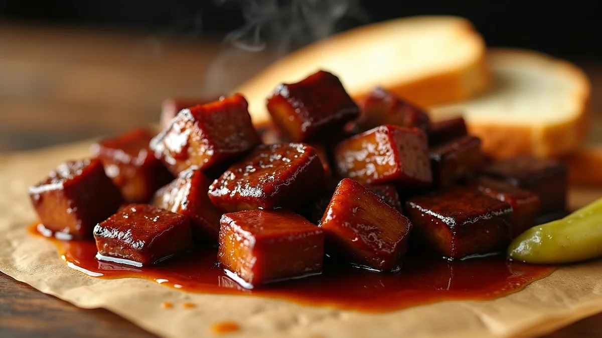 Texas BBQ burnt ends - cubed brisket point with thick mahogany bark and glossy sweet sauce glaze, scattered on butcher paper, smoke wisp visible