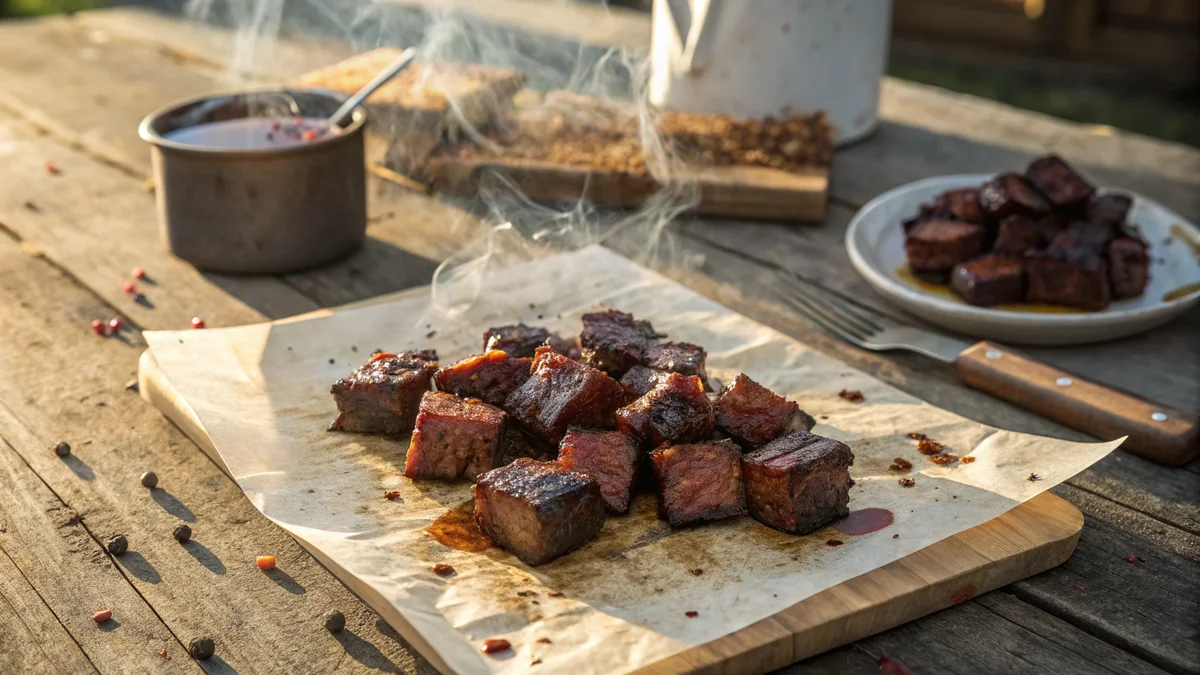 Texas BBQ burnt ends - cubed brisket point with thick mahogany bark and glossy sweet sauce glaze, scattered on butcher paper, smoke wisp visible
