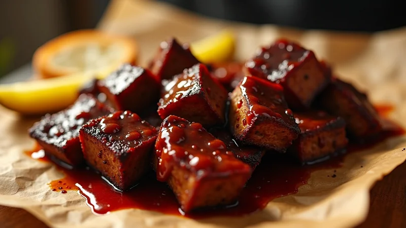 Close-up of a single Texas burnt end cube showing the deep mahogany bark, rendered fat, glossy glaze, and a smoke ring underneath