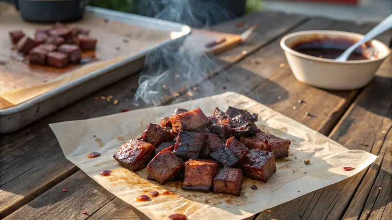 Close-up of a single Texas burnt end cube showing the deep mahogany bark, rendered fat, glossy glaze, and a smoke ring underneath