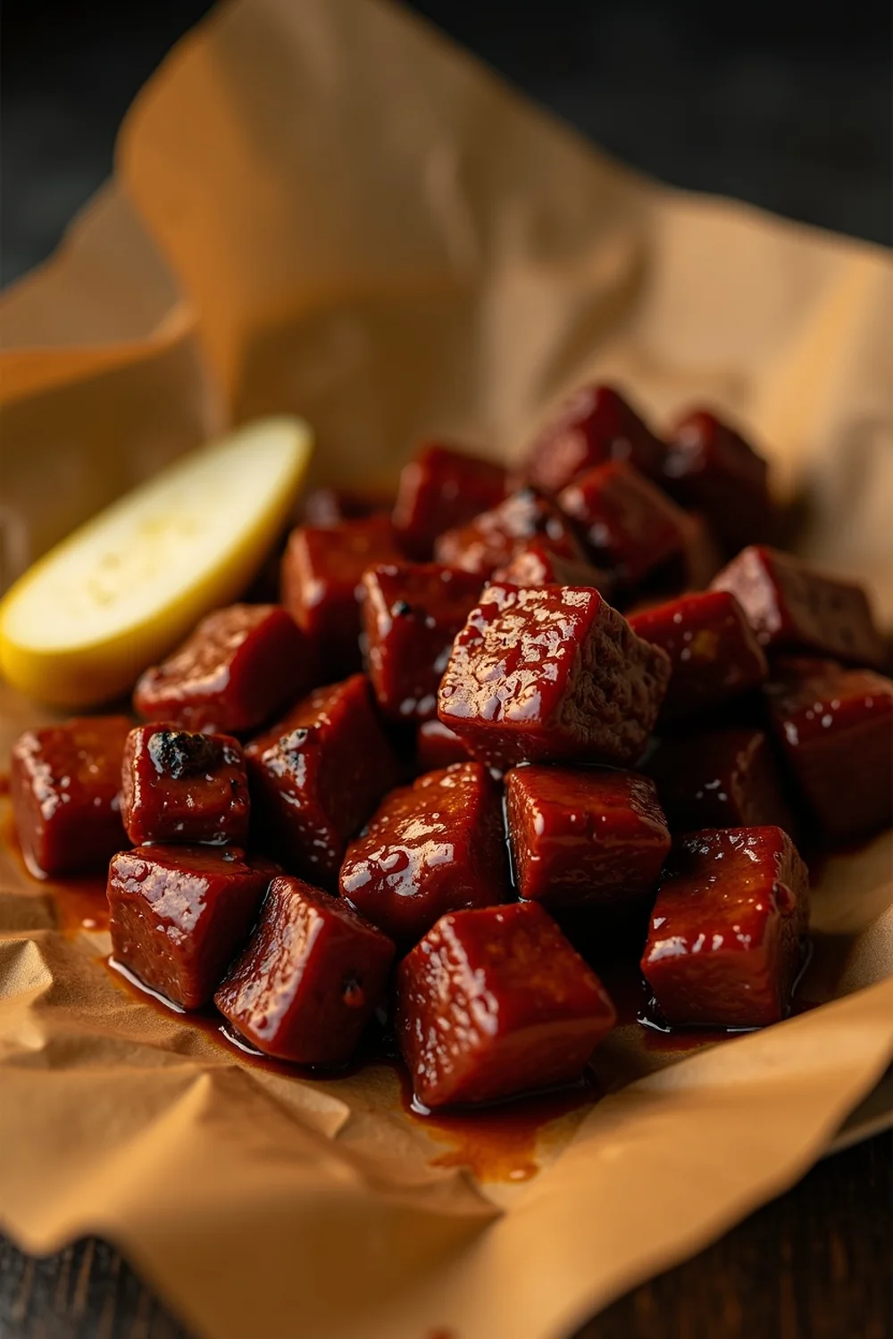 Vertical view of Texas BBQ burnt ends being lifted from a foil pan, the glaze catching the light, save this Texas pit-master recipe