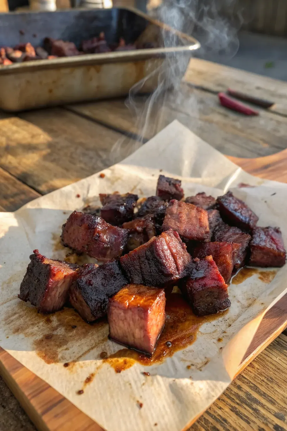 Vertical view of Texas BBQ burnt ends being lifted from a foil pan, the glaze catching the light, save this Texas pit-master recipe