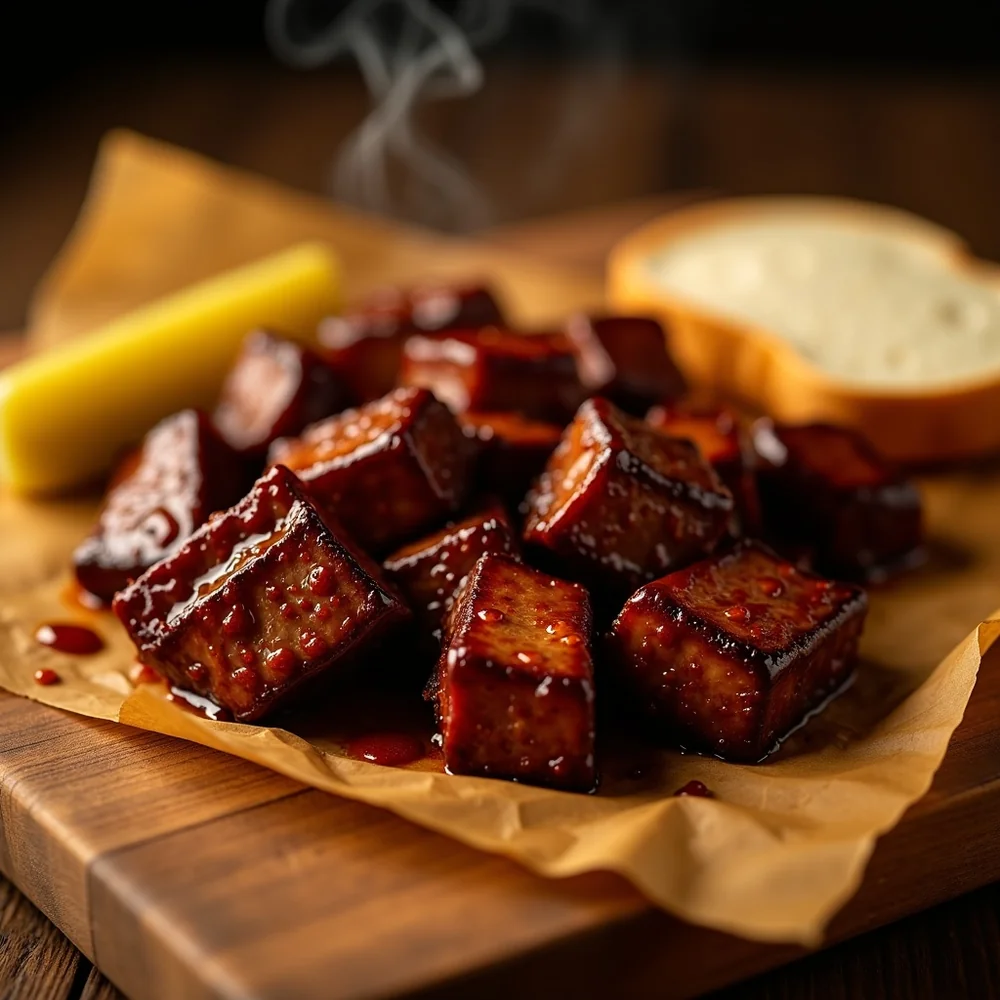 Overhead view of a tray of Texas BBQ burnt ends served with white bread, pickle slices, and a side of BBQ sauce on butcher paper