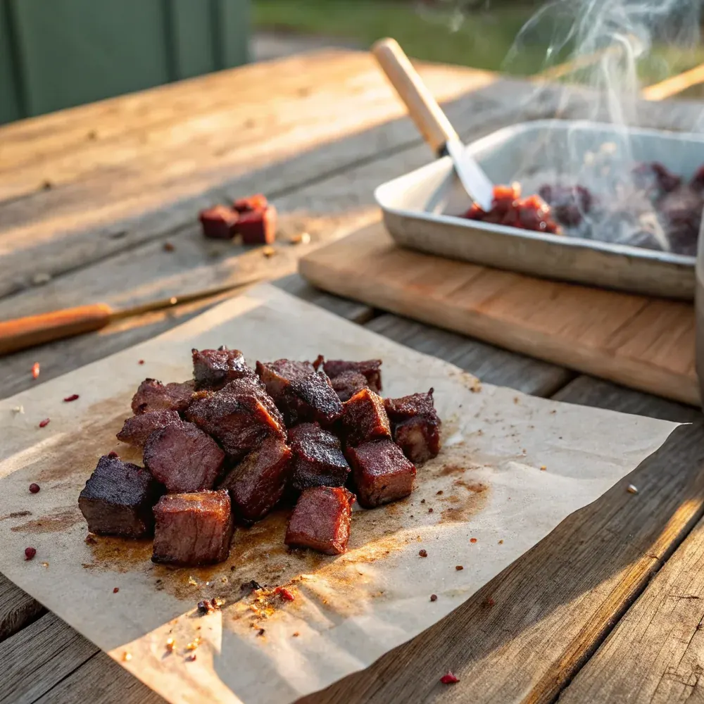 Overhead view of a tray of Texas BBQ burnt ends served with white bread, pickle slices, and a side of BBQ sauce on butcher paper