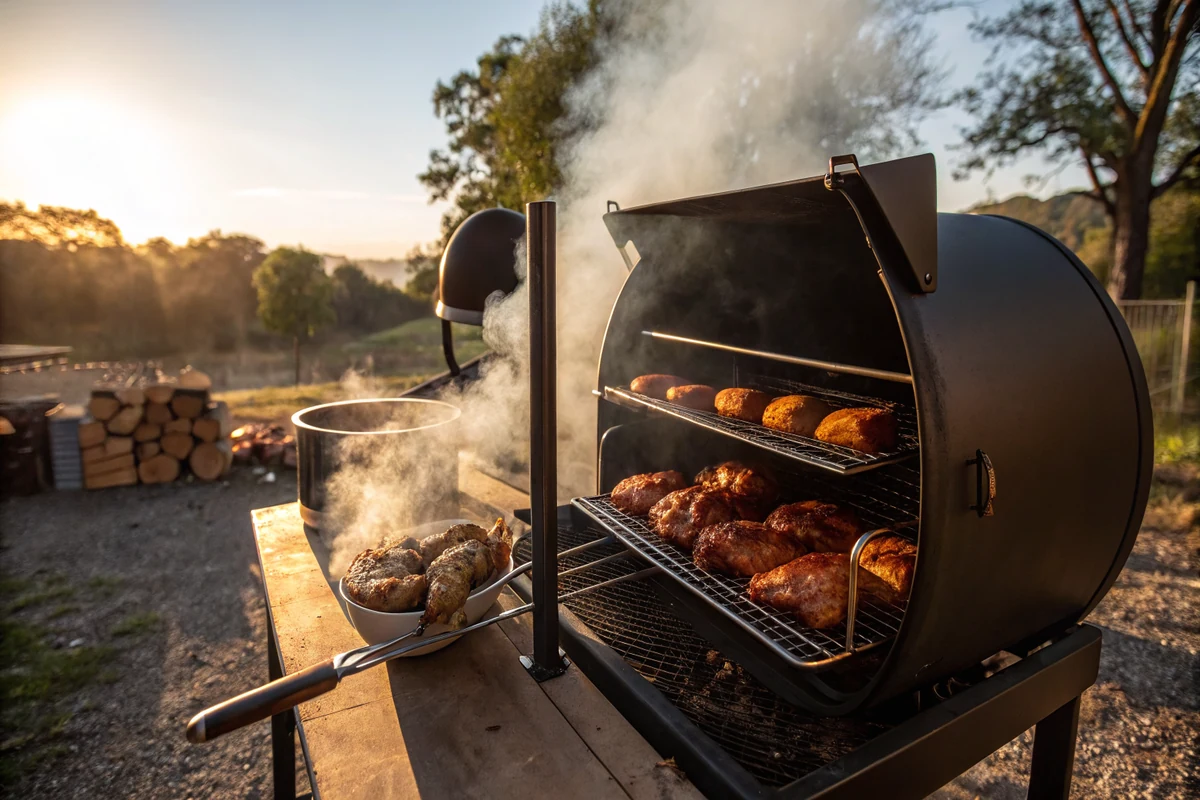 Smoker rack with chicken thighs being basted with Texas BBQ sauce, post oak smoke