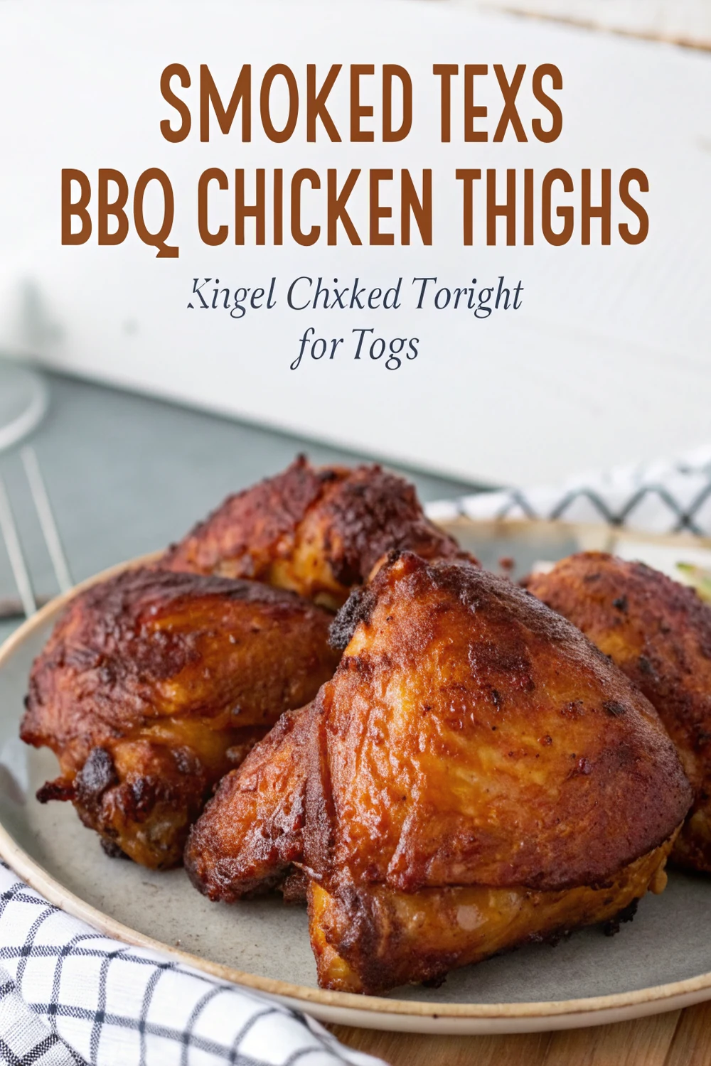 Vertical Pinterest pin of Texas BBQ smoked chicken thighs with crispy skin