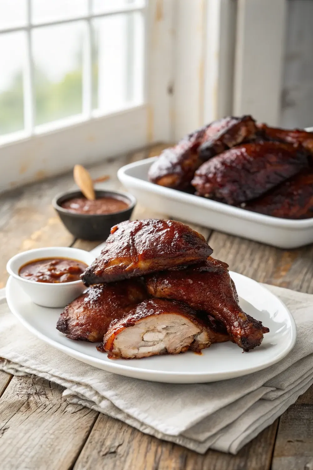 Vertical Pinterest pin of Texas BBQ smoked chicken thighs with crispy skin