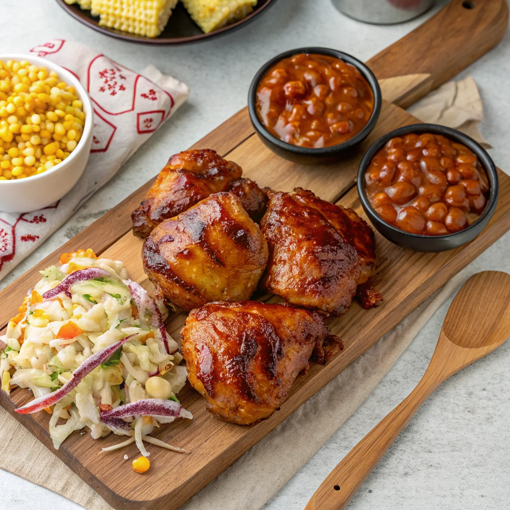 Top-down platter of smoked chicken thighs Texas BBQ style