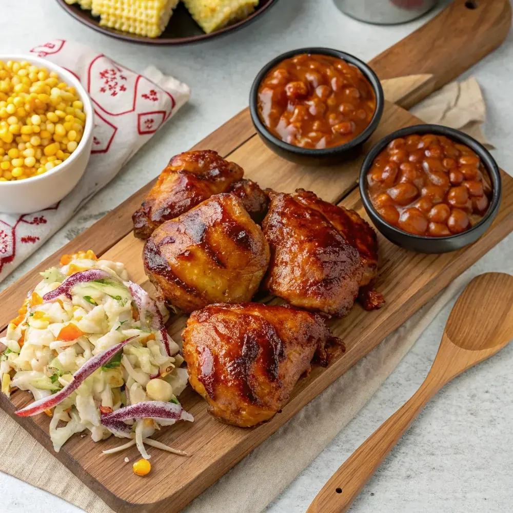 Top-down platter of smoked chicken thighs Texas BBQ style