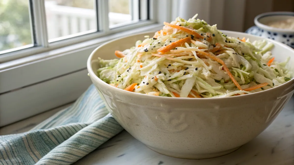 Large ceramic bowl of creamy coleslaw with thin ribbons of green cabbage, shredded orange carrot and flecks of celery seed, glossy with dressing